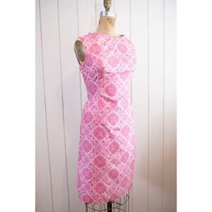 Vintage 60s Pink Green Silk Mod Cocktail Pencil Wiggle Dress, MCM Ornate Party S